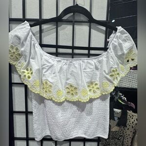 White and Yellow Off-Shoulder Top
